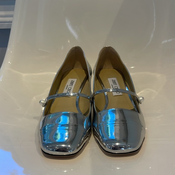 NIB JIMMY CHOO ELISA 45 MM SILVER MARY JANE 1.75” BLOCK HEEL. 39.5/9 - Picture 2 of 9